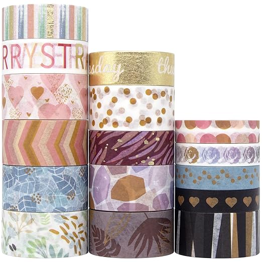 WAPETASHI 16 Rolls Washi Tape Set - Aesthetic Adhesive Tape with Gift Box, Gold Foil Decorativ Tape for Schcool Supplies, Bullet Journals, Scrapbooking, DIY Craftst -20/15/10mm Wide