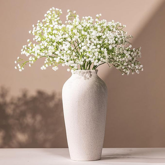 Laurel&Vine 12" Tall White Ceramic Vase, Speckled Textured Minimalist, with 15 Stems of 22" Faux Artificial White Babys Breath, Farmhouse Console Centerpiece Decor, Real Touch Fake Flowers in Vase