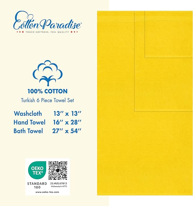 Cotton Paradise 6 Piece Towel Set, 100% Cotton Soft Absorbent Turkish Towels for Bathroom, 2 Bath Towels 2 Hand Towels 2 Washcloths, Yellow Towel Set