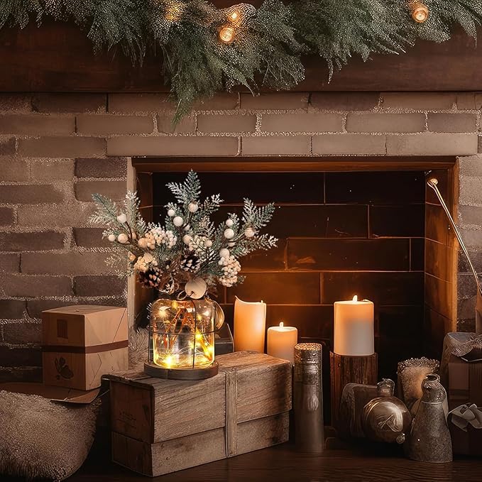Rustic Vintage Glass Farmhouse Vase with LED Lights, Christmas Home Decor for Winter with White Berry & Pine Cones, Farmhouse Vase for Decor, Home Decor Floral Arrangement Gift