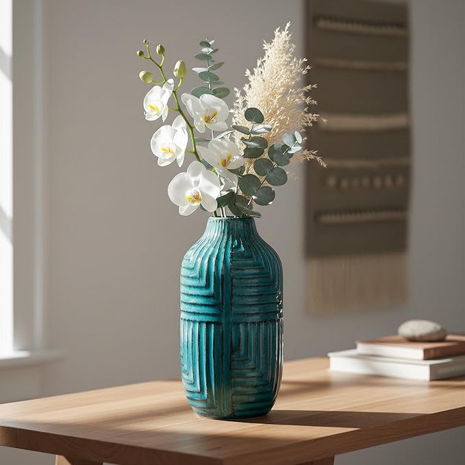 hjn Tea Ceramic Vase- Modern Decor Vases for Living Room/Bookshelf/Mantel/Home Decor Accents - Teal texture-Large-10.6" H