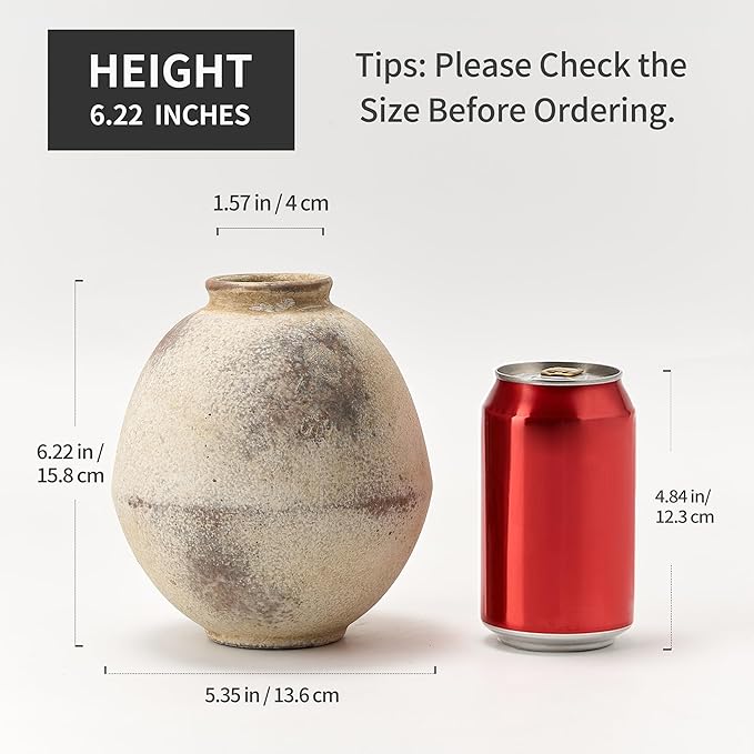 Ceramic Flower Vase, 6.22 Inch Rustic Farmhouse Vase Home Decor, Handcrafted Vintage Pottery Vase, Small Terracotta Vases for Living Room, Table, Shelf, Fireplace-Natural Brown