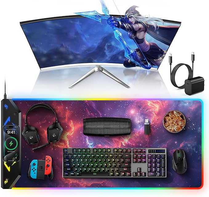 TopMade Wireless Charging Mouse Pad, RGB Gaming Mousepad, 35.4" x 15.8" Extra Large Waterproof Keyboard Desk Pad, Computer Desk Mat, Red Nebula (Includes 20W PD Power Adapter & 6.56ft Woven Cable)