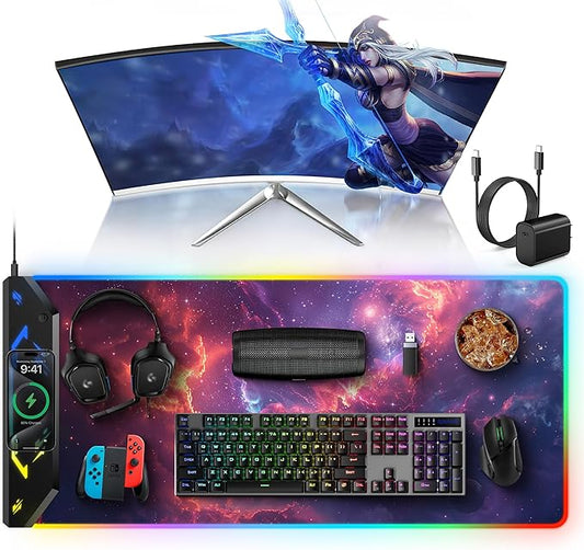 TopMade Wireless Charging Mouse Pad, RGB Gaming Mousepad, 35.4" x 15.8" Extra Large Waterproof Keyboard Desk Pad, Computer Desk Mat, Red Nebula (Includes 20W PD Power Adapter & 6.56ft Woven Cable)