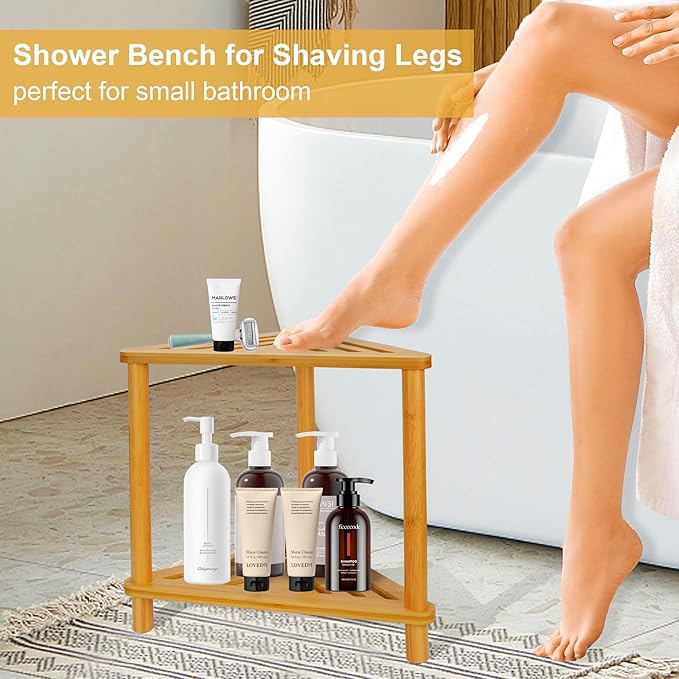 Bamboo Corner Shower Stool for Inside Shower Shaving Legs, Waterproof Bathroom Bench Seat with Storage Shelf for Small Spaces, Foot Rest, Bath Seat