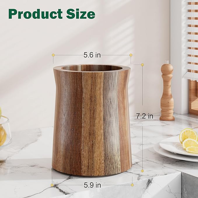 Utensil Holder, Acacia Wood Utensil Holder for Kitchen Counter, 360° Rotating Cooking Utensil Crocks for Countertop, 7.2" Large Utensil Organizer for Spatula Storage