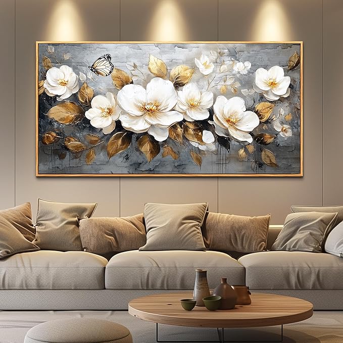 FUHAIHUA Wood Framed Canvas Wall Art For Living Room Wall Decor For Bedroom Office Wall Decoration White Flower Painting Farmhouse Pictures Artwork Room Aesthetic Home Decor 20x40 In