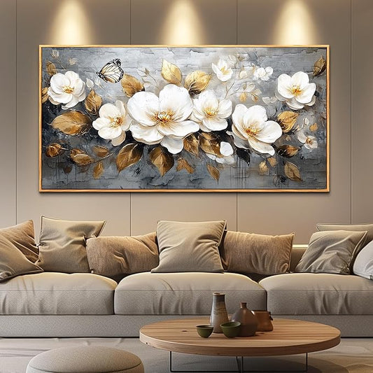 FUHAIHUA Wood Framed Canvas Wall Art For Living Room Wall Decor For Bedroom Office Wall Decoration White Flower Painting Farmhouse Pictures Artwork Room Aesthetic Home Decor 20x40 In