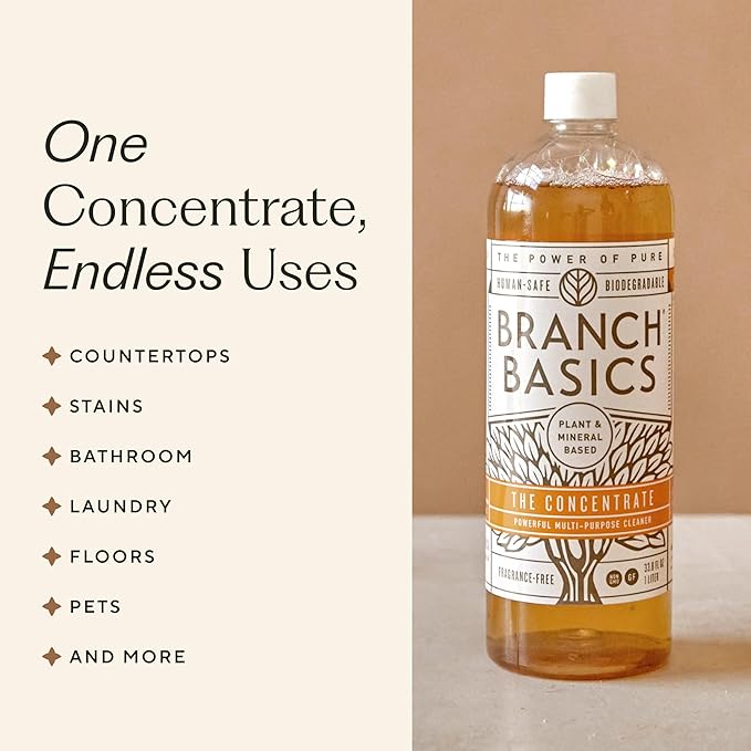 Branch Basics Cleaning Essentials Kit: All Purpose, Glass and Bathroom Cleaner - Concentrate (33.8 Oz) (17 Refills) + Refillable Plastic Spray Bottles (24 Oz) Plant Based, Human-Safe, & Fragrance Free
