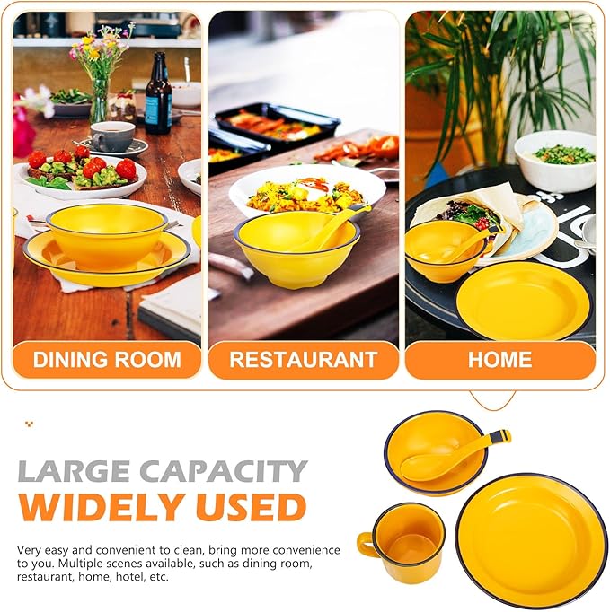 BESPORTBLE Melamine Dinnerware Set Yellow 4pcs Bowl Cup Plate Set Food Serving Containers Lightweight Unbreakable Tableware for Indoor Outdoor Dining