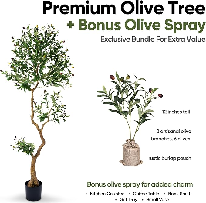 Fake Olive Tree 6.2 Feet – Artificial Plants Indoor, Faux Olive Tree, Fake Tree for Home Decor, Faux Trees Indoor for Living Room, Office, Bedroom – Tall Artificial Trees for Home, Designer Tree