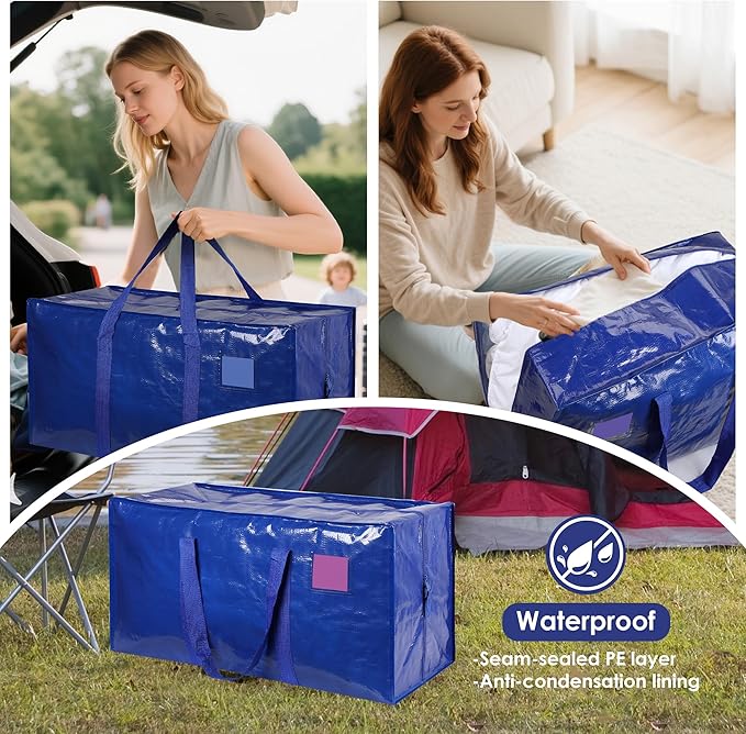 6 Pack Extra Large Heavy Duty Moving Bags with Reinforced Zipper & Wide Handles, Moisture-Resistant Storage Bins Packing Cubes for Clothes, College Dorm, Travel, and Home Organization, Blue