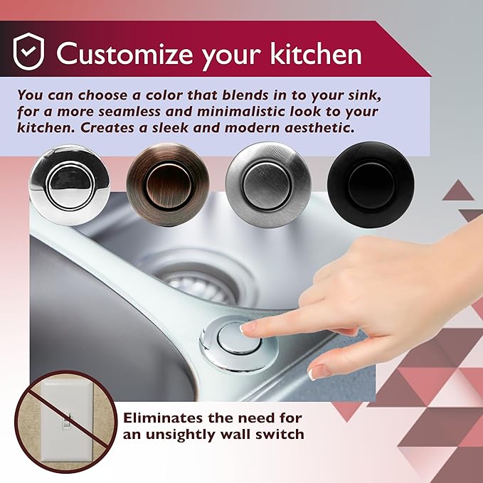 Disposal Air Switch Kit for Garbage Disposal Hands-Free On/Off Control UL Approved Includes 6' Air Tube 1-3/8" Air Button Safe & Convenient for Kitchen No Wiring Needed (Chrome)