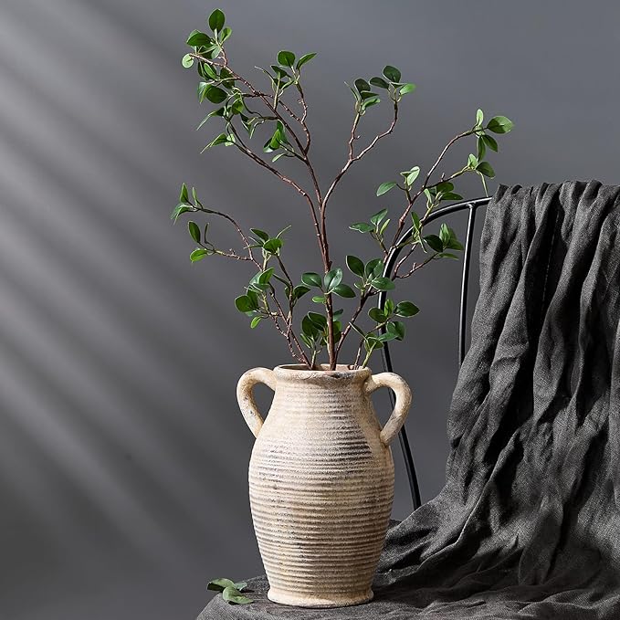 Large Ceramic Rustic Vase with 2 Handles, 9.8 inch Whitewashed Terra Cotta Decorative Pottery Flower Vase for Home Decor, Living Room, Shelf Decor, Enterway, Table Decoration, Gray