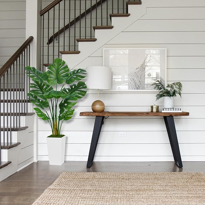 Artificial Monstera Deliciosa Plant 5FT - Faux Tropical Palm Tree with White Tall Planter - Fake Swiss Cheese Floor Plant Potted - Artificial Tree for Home Office Living Room Decor Indoor
