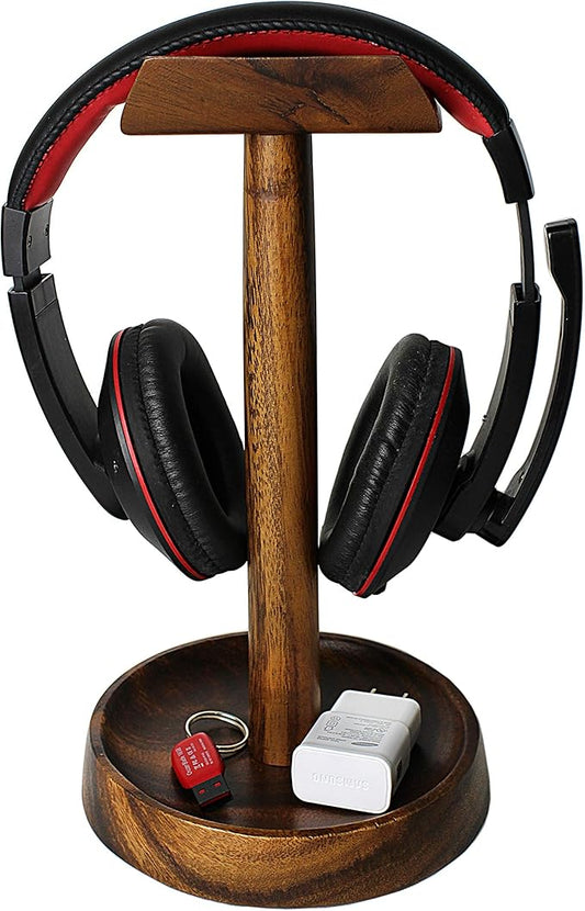 Wooden Headphone Stand with Tray – Solid Acacia Headset Holder for Desk Organization, Universal Fit for Sony, Bose, Beats, Gaming Headsets & Controllers