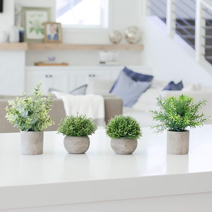 Artificial Plants for Home Decor Indoor. 4 Mini Plants, Rosemary Faux Plant Decor, Eucalyptus Plant, Grass Plants. Small Fake Shelf or Desk Greenery Décor