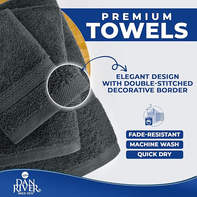 DAN RIVER 8 PC Luxury Bath Towels for Bathroom, 2 Bath, 2 Hand, and 4 Wash Cloths, 600 GSM 100% Ring Spun Cotton Towel Set, Highly Absorbent, Gym, Hotel, and Spa, Grey