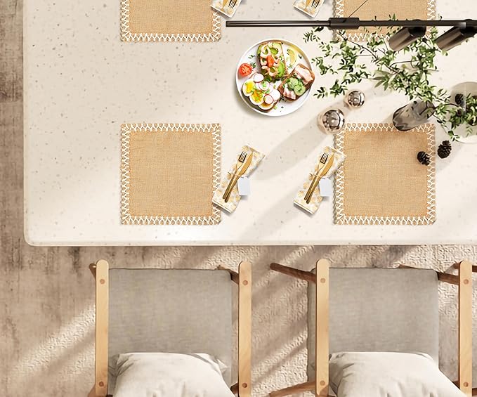 Hausattire Jute Burlap Placemat 13x19 Inches - Natural, Lace Design Edges Table Mats for Bar Table Indoor Outdoor Rustic Thanksgiving Farmhouse Kitchen Coffee Dinner Table Decor Mats - Set of 4