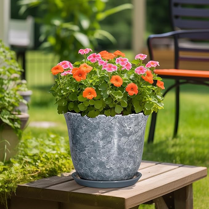 Ceramic Plant Pots - 12 Inch Plant Pot with Drainage Hole and Saucer, Round Planter for Indoor Outdoor, Modern Decorative Planters, Large Flower Pots, Home Decor, Housewarming Gifts, Grey