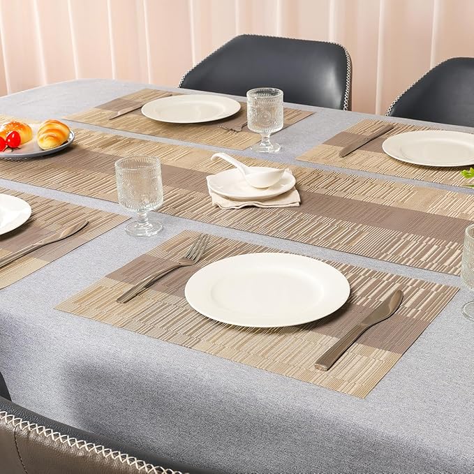Placemats Set of 8, Vinyl Woven Place Mats Indoor Set of 8 Washable Wipeable PVC Table Mats Heat-Resistant Non Slip Plastic Placemat for Kitchen Dining Outdoor Table (Gray Gold, Set of 8)