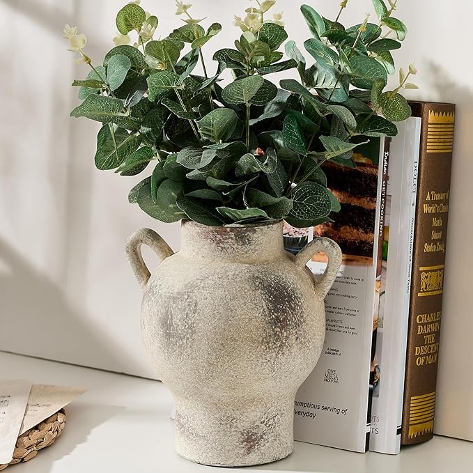 LUKA Antique Ceramic Vase with 2 Handle,7.28 inches Rustic Vase Minimalist Decor, Decorative Vases for Home Decor, Table, Living Room, Shelf, Christmas Decoration(Medium,Gray)