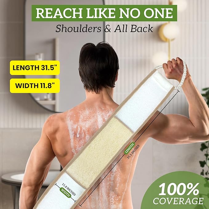 Natural Loofah Back Scrubber (Pack 1) - Exfoliating Sponge for Shower - Loofah Clean Back Deeply - Vegetable Scrubber for Men Women - 100% Biodegradable Compostable Plastic Free (31.5" x 11.8")