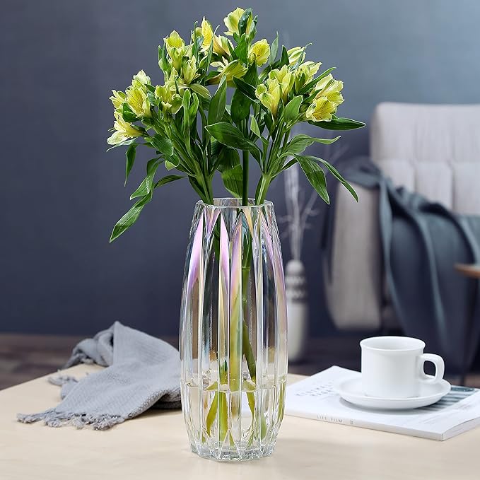 Glass Vase - Modern Ribbed Glass Vase for Flowers, Candles, and Decorative Accents -Black Grey, Amber, Clear and Colored Tall/Short Glass Vase for Centerpieces Home Table Decor (Colored, H-11.8inch)