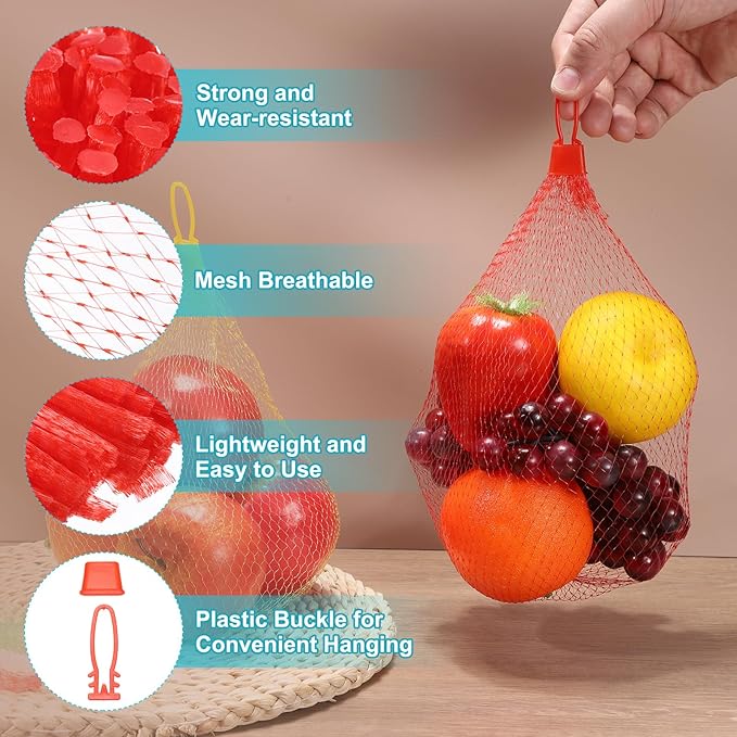 uxcell 100 Pcs Reusable Mesh Produce Bags, 30cm/12 Inch Washable Net Storage Bags Reusable Grocery Reusable Storage Bags with Plastic Buckle for Fresh Fruit Vegetables Seafood, Red
