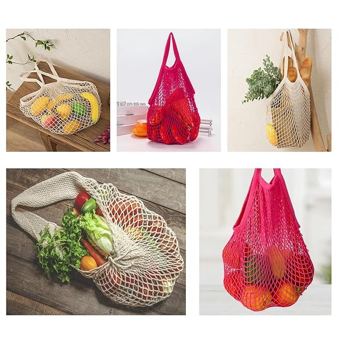 Zyzhogar 3 Pack Cotton Mesh Grocery Bags,Reusable Grocery Net Bags Washable Fruit and Vegetable Storage Bag Long Handle Net Tote Shopping Bags for Farmers Market, Grocery,Shoping or Trip,Hot Pink