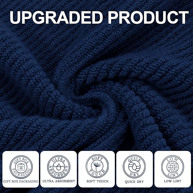VOOVA & MOVAS Bath Towels - 100% Cotton | Quick Dry | Light Weight | Thick | Soft, Towel Set of 6, 2 Large Bath 30"x56", 2 Hand 18"x28", 2 Washcloths 13"x13", Quick Dry Towel for Shower, Navy Blue