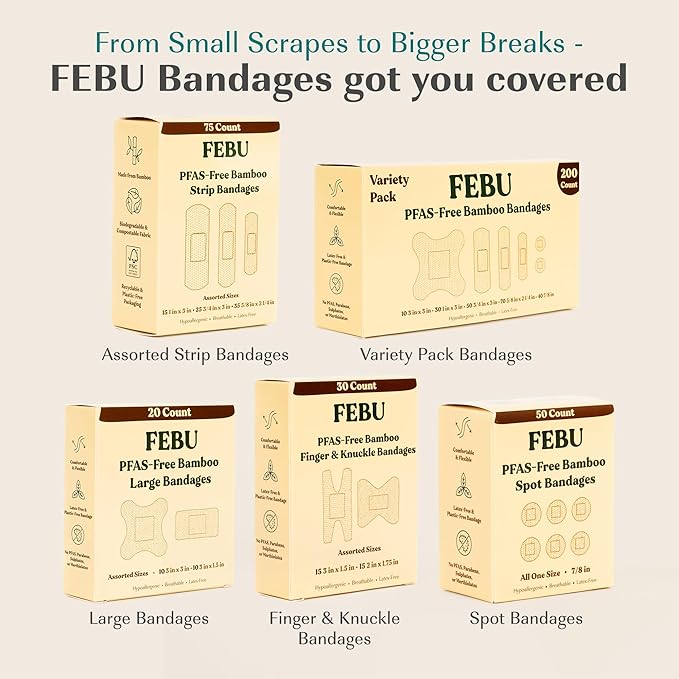 FEBU Eco-Friendly Bamboo Fabric Bandages | PFAS Free Bandages for Scrapes & Cuts | Flexible Fabric Bandage | Fully Compostable, Latex Free Bandage | 200 Count Bulk Variety