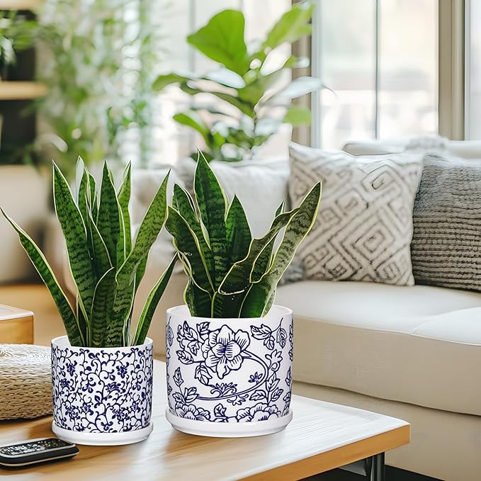 Set of 2 Blue and White Ceramic Plant Pots with Drainage Hole and Saucers, Retro Blue Porcelain Vase Round Planters for Succulent Cactus Indoor Outdoor Garden Home Desktop Decor, 4.5+5.5 Inch