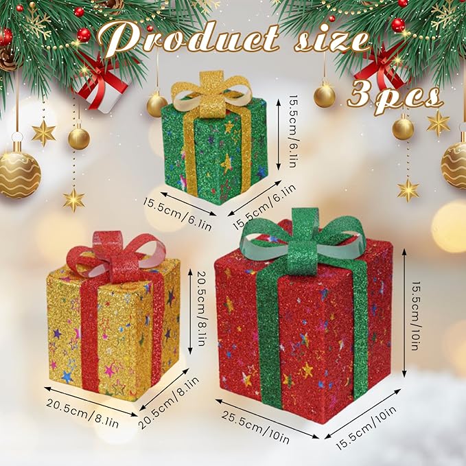 Christmas Lighted Gifting Boxes 3PCS/Set LED Warm White Christmas Decorations Colorful Box Battery Operated for Holiday, Indoor, Yard, Home, Lawn Decor, Decor
