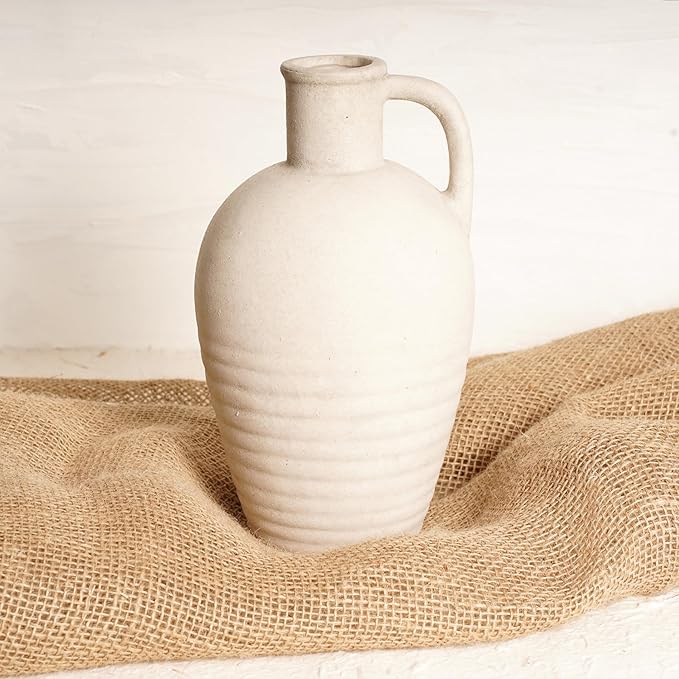 White Ceramic vase with Handle, 10inch Boho Unique Textured Pottery, Rustic Farmhouse Decorative Terracotta vases for Flowers, Centerpieces, Living Room.