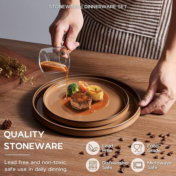 Onader Dinnerware Dishes Sets for 8, Stoneware Plates and Bowls with Unglazed Terracotta Bottom, Ceramic Kitchen Dinner Dish Set 24 Piece - Earthy Umber