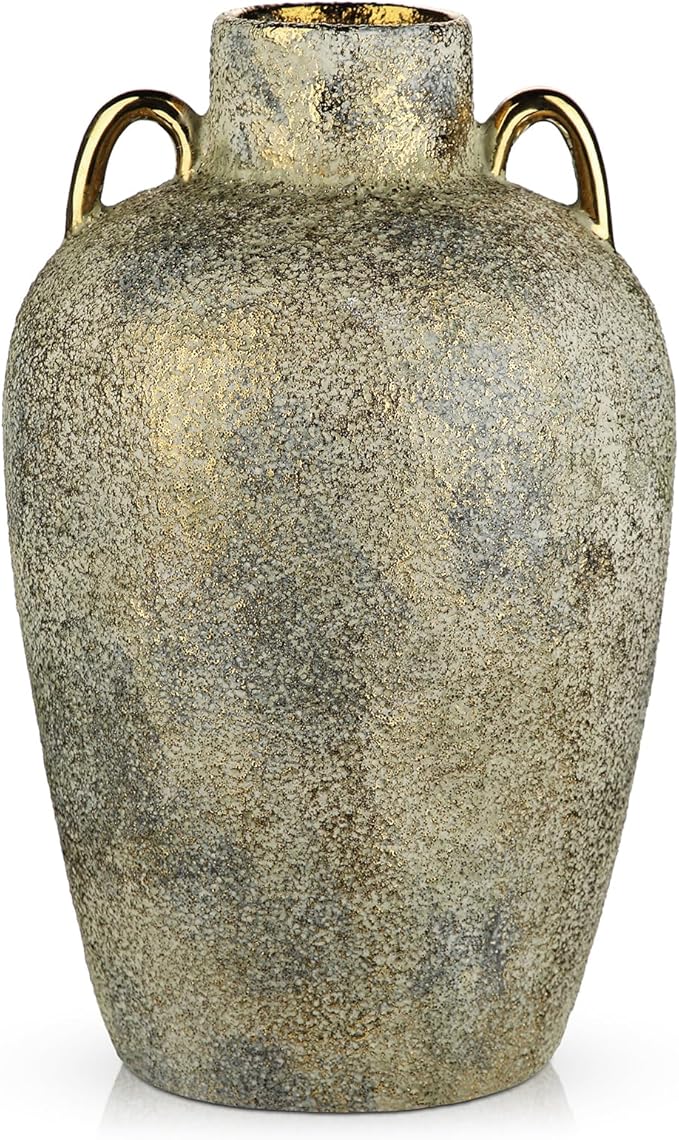 Large Ceramic Vase, 11.2" Tall Rustic Farmhouse Vase, Vintage Flower Vase with 2 Ears, Electroplated Terracotta Boho Vases for Home, Living Room, Shelf, Mantel, Entryway, Wedding, Tabletop Decor