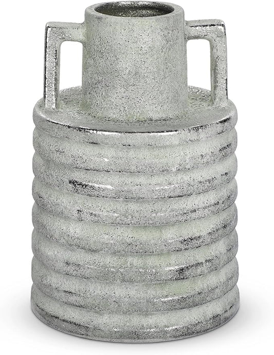 Hollyone Large Vintage Ceramic Vase with 2 Handles, 9.1" Tall Silver-Toned Antique Rustic Decorative Floral Grey Vases for Flowers Home Table Centerpiece Shelf Living Room Entryway Farmhouse Decor
