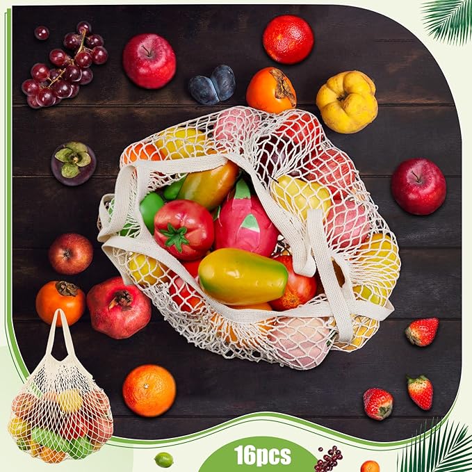 SATINIOR Large Cotton Mesh Grocery Bags 16x16x12 Inch Reusable Washable Cotton String Shopping Bags Beige Produce Containers