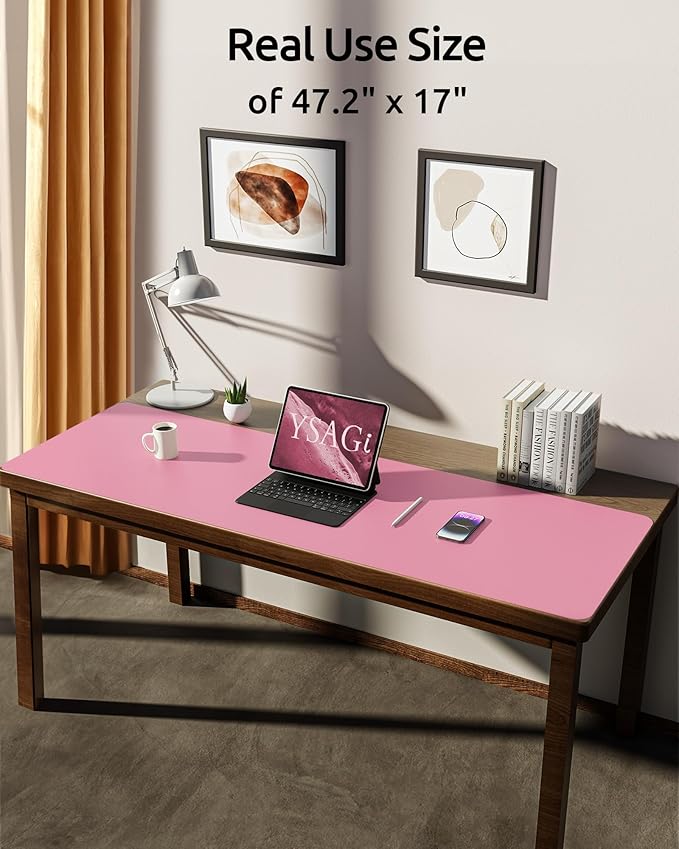 YSAGi Leather Desk Pad Protector, Office Desk Mat, Large Mouse Pad, Non-Slip PU Leather Desk Blotter, Laptop Desk Pad, Waterproof Desk Writing Pad for Office and Home (Pink, 47" x 17")
