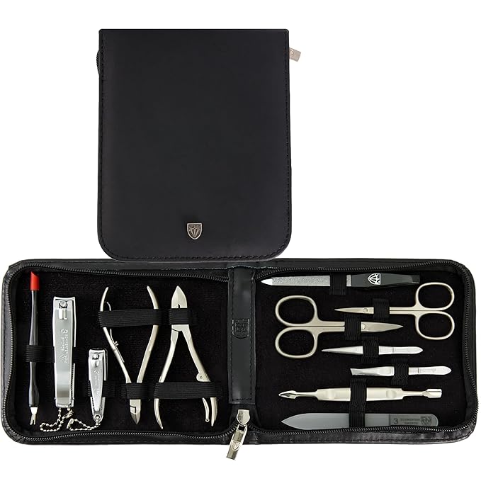 3 Swords Germany - brand quality 12 piece manicure pedicure grooming kit set for professional finger & toe nail care with black genuine leather case - Made in Germany