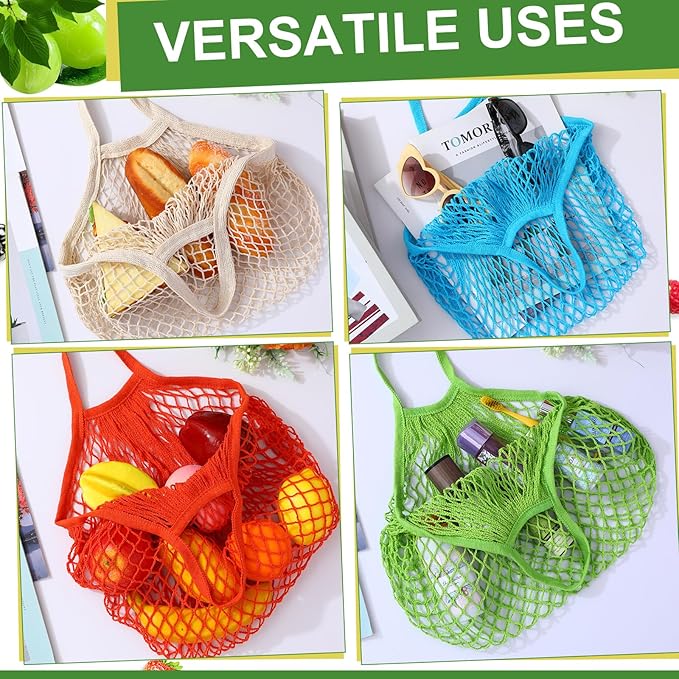 Paterr 50 Pack Cotton Mesh Produce Bags Bulk Reusable Market Bag Washable Net Grocery Purse String Shopping Tote Beach Organizer for Vegetable Fruit Picnic Food Storage (Short Handle,Multicolor)