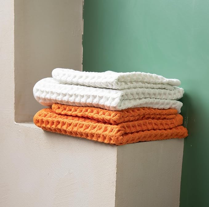 Luxury Japanese Cotton Waffle Bath Towel | Plush, Absorbent, and Quick Dry | Free Storage Bag Included (Shell White, Bath Towel (55" x 34"))