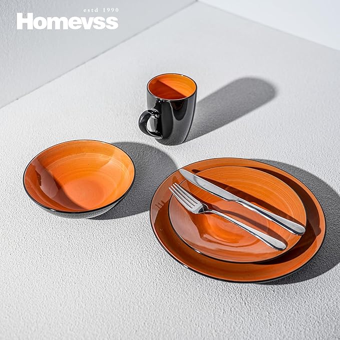 Sonoma 16 Piece Stoneware Dinner Set, Outside Black + Inside Handpainted Color Orange with speckle