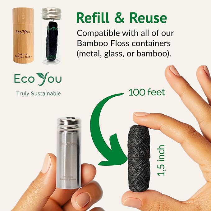Charcoal Bamboo Floss | 2 Non Toxic Natural Floss Refill with Metal Container | Organic Mint & Candelilla Wax | Vegan & Biodegradable | Compatible w/Similar Dental Floss Silk Refill Containers
