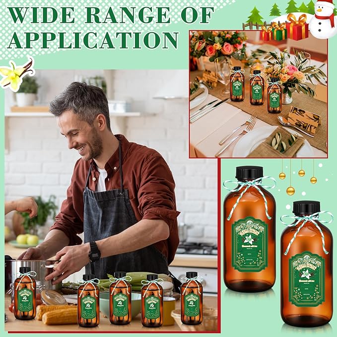 Uiifan 12 Pack Amber Glass Bottles Boston Round Sample Bottles Glass jars with Lids Dark Vanilla Extract and 12 Pcs Christmas Green Snowflakes Stickers for Gift Beans(8 oz)
