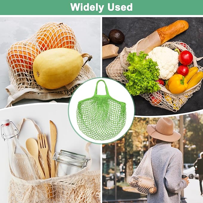 1-Pack Cotton Mesh Bag, Reusable Washable Mesh Net String Grocery Bags, Reusable Produce Bags with Handle, Net Tote Bag for Fruits/Vegetables Shopping [Green, Short Handle]