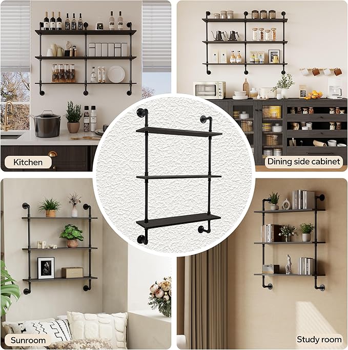 3-Tier Industrial Pipe Floating Shelf – Rustic 24 inch Wood Wall-Mounted Storage Shelf for Kitchen Office,Bathroom & Home Decor -Black