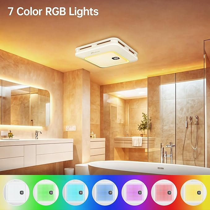 Bathroom Exhaust Fan with Bluetooth Speaker, 230 CFM 1.0 Sone Bathroom Exhaust Fan with Light, 3 Dynamic Light, 7 LED Color, 3 Color Temperatures, Nightlight,Remote, Easy Install (Ivory)