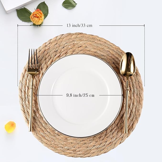Round Woven Placemats Set of 6, Natural Water Hyacinth Place mats, 13 Inch Rattan Placemats Wicker Placemats Farmhouse Boho Braided Heat Resistant Outdoor Placemat Patio Table Place Mats